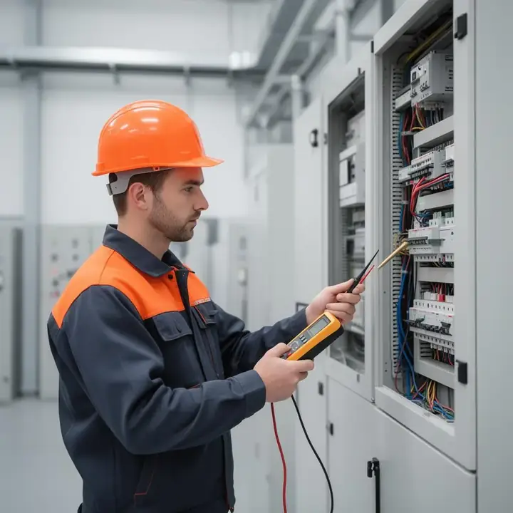 Técnico realizando inspeção elétrica em painel